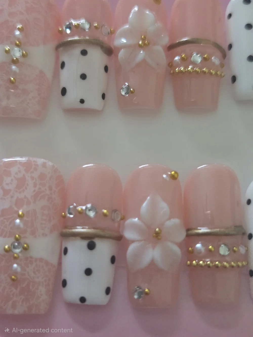 Hand Crafted Peach & White Floral Polka Dot Press-On Nails